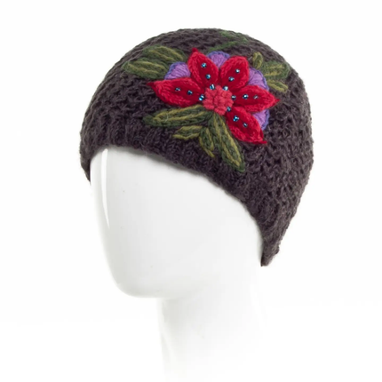Naomi Wool Hand Knit Beanie Hat with Embroidery Charcoal