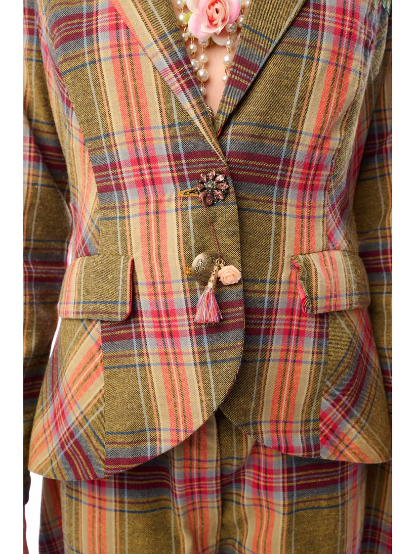 SEASON STATEMENT BLAZER olive plaid close up details