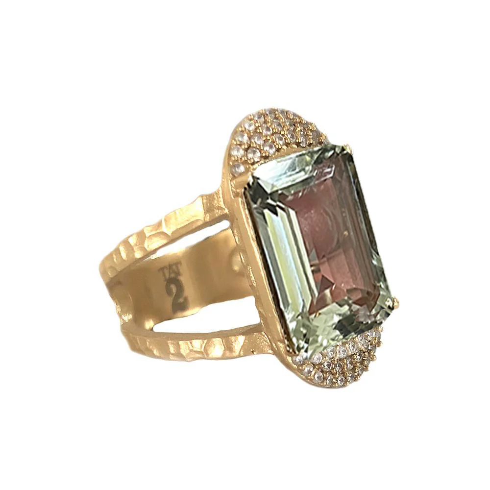 Size 8R079-GRAMY-GLD/CLR Gold Kosor Emerald Cut Green Amethyst & Crystal Ring