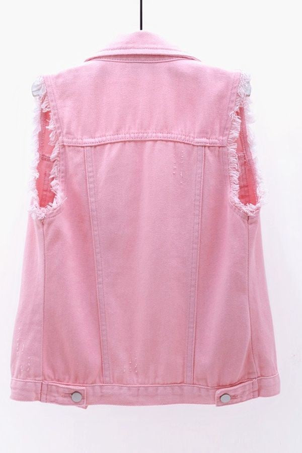 Raw Hem Sleeveless Denim Vest pink back