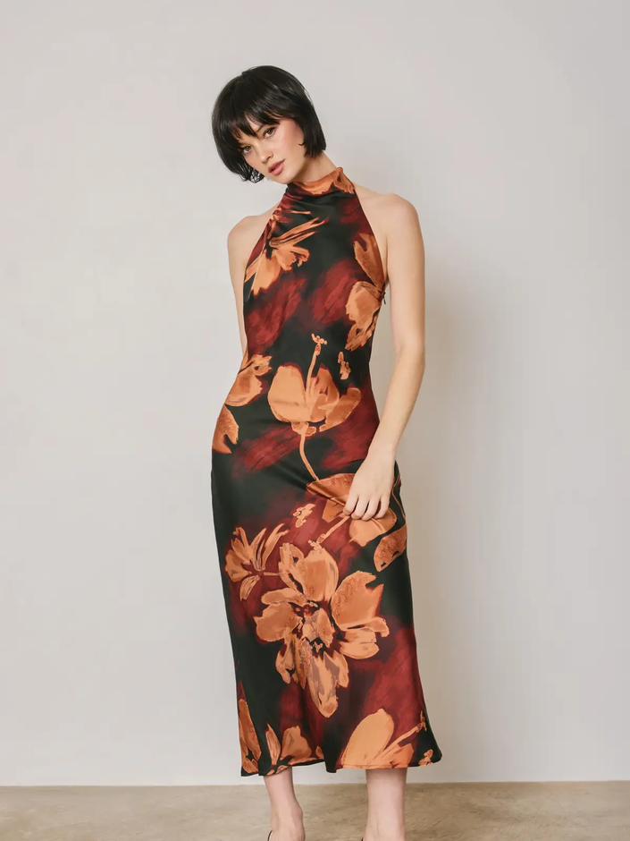 Floral Halter Ruched Open Back Dress