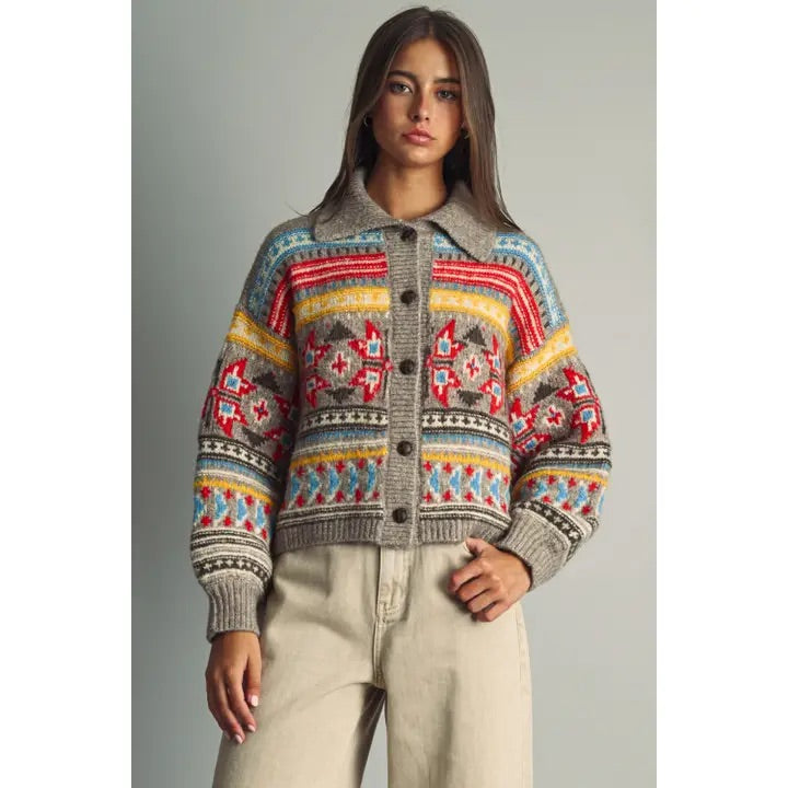 Folk Pattern Button Cardi W Big Collar