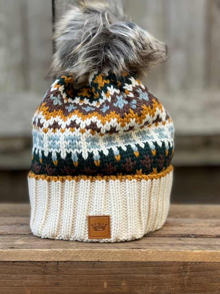 Cream & Multicolored Patterned Pom Hat