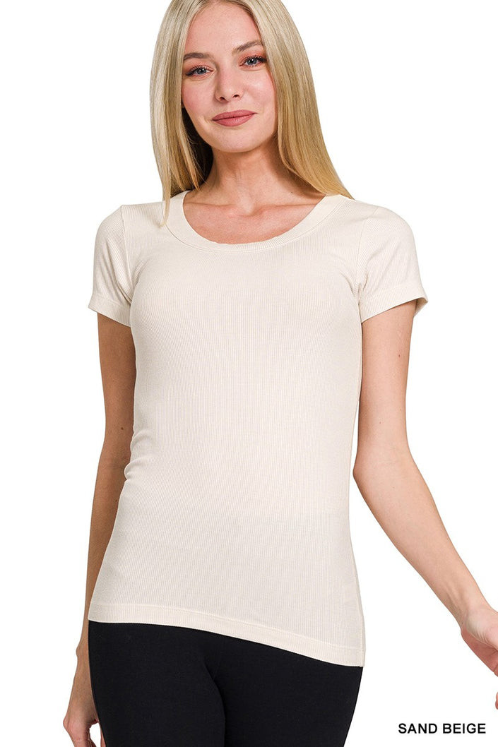 Rae Ribbed Round Neck SS Tee sand beige