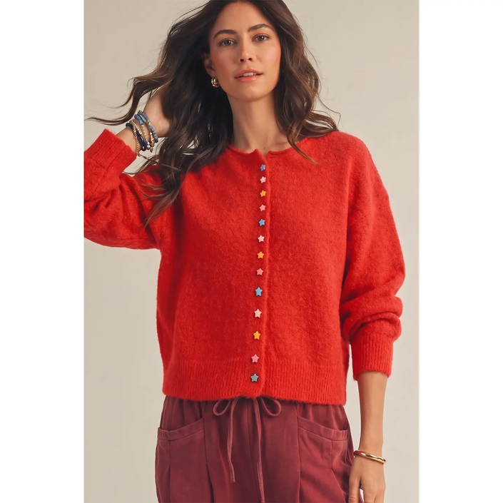 Starlight Charm Soft Knit Cardigan, ruby red-front