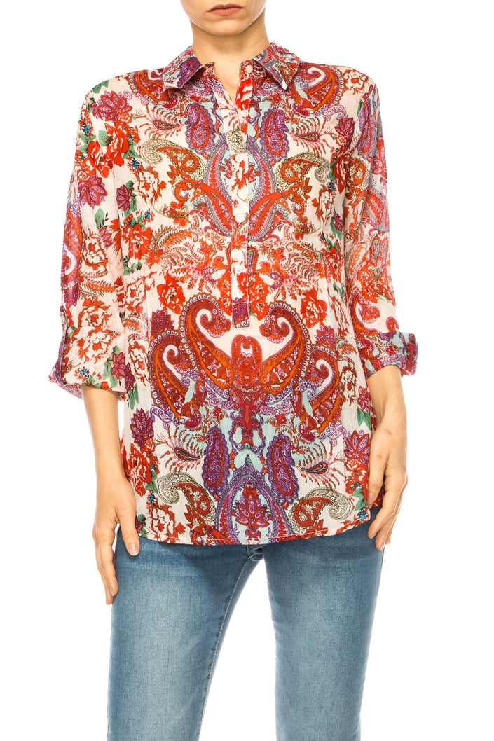 Floral Paisley Half Button Down Shirt