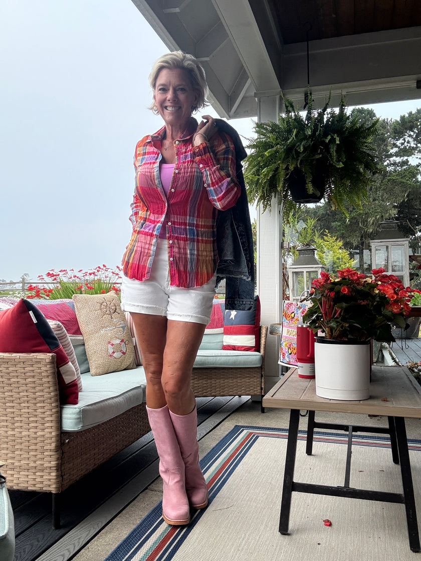 MADRAS PLAID  BUTTON DOWN SHIRT pink front