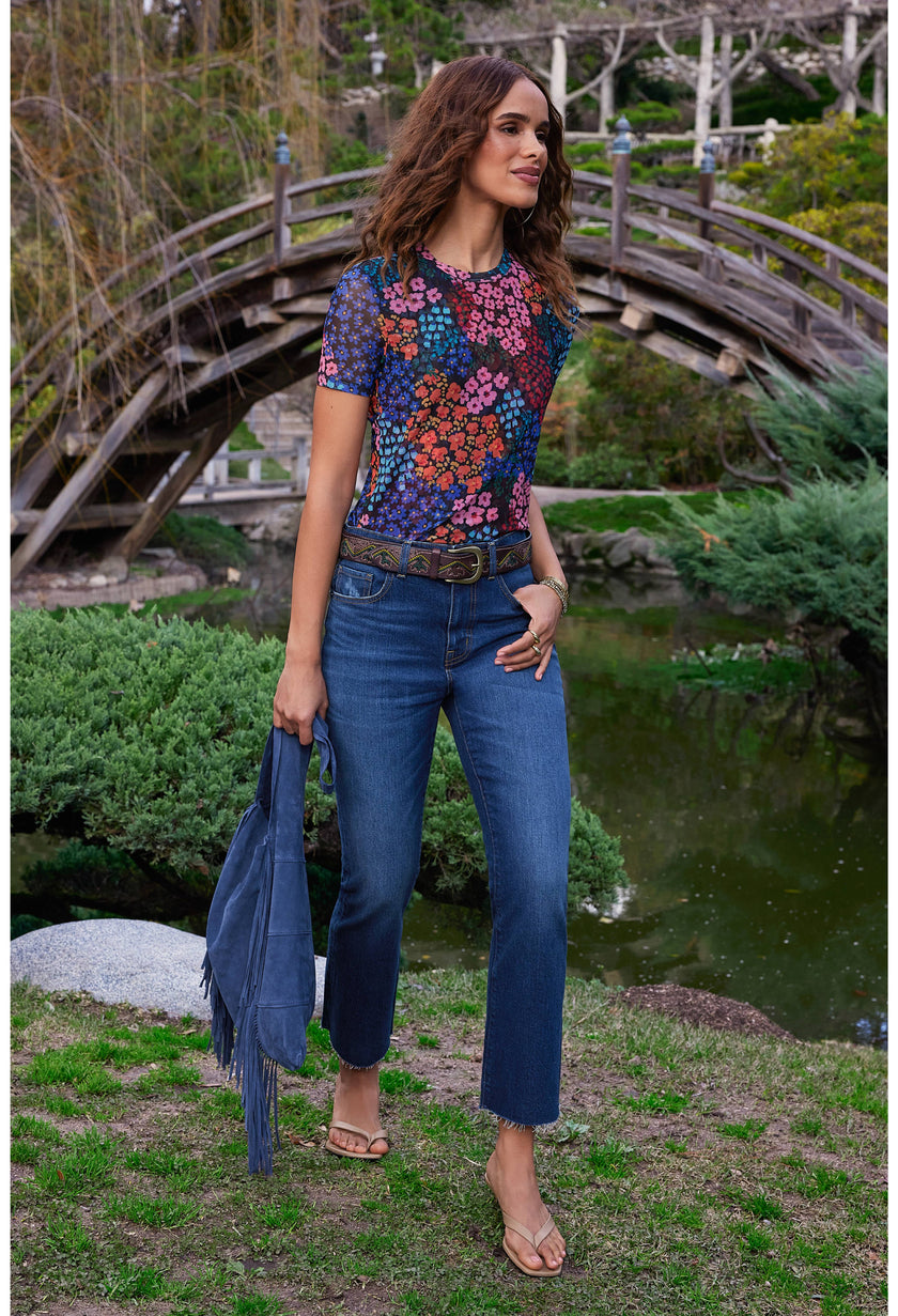 Johnny Was Eleanor Mesh Tee model walking