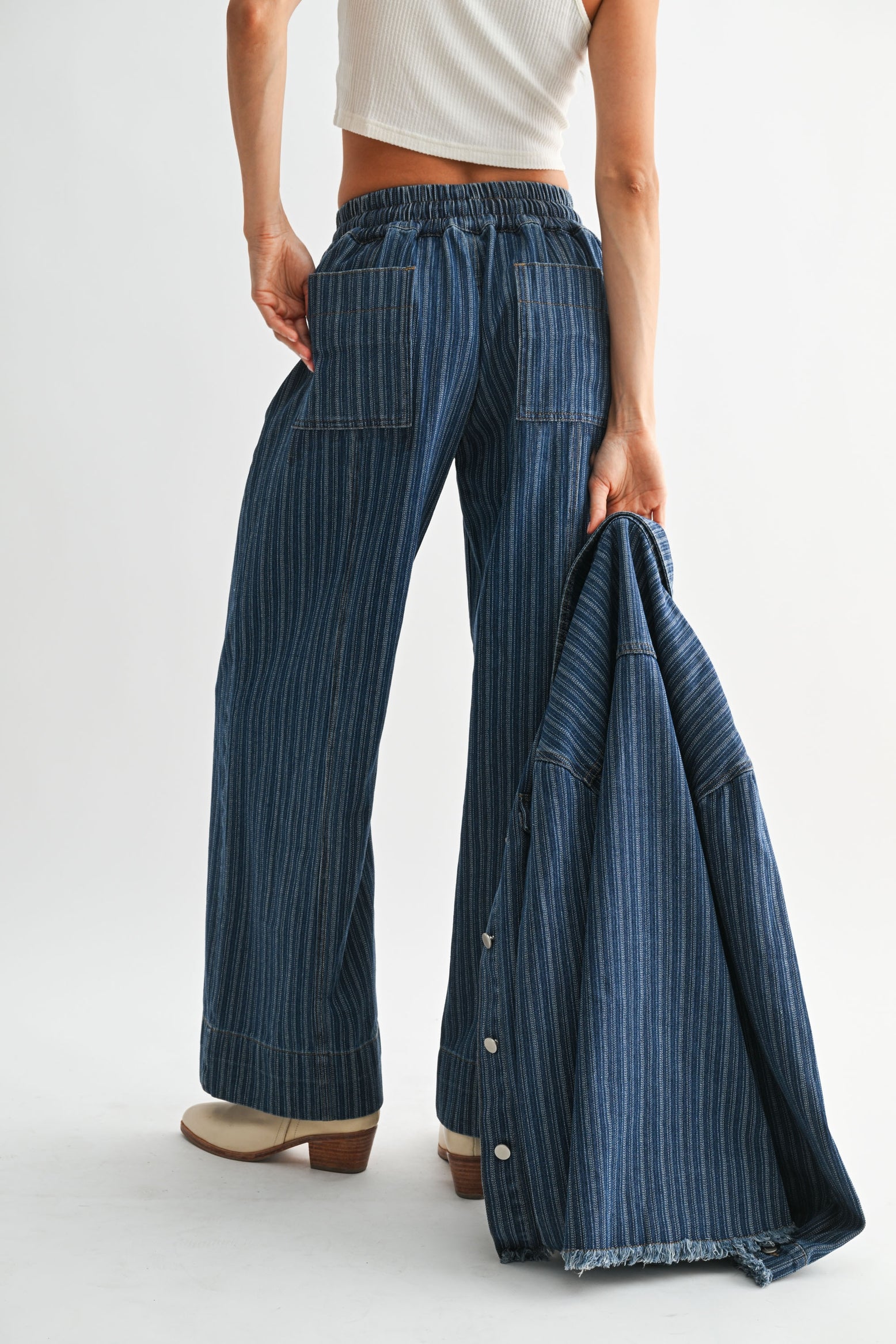 Wide Leg Striped Denim Trousers, dark denim wash-back