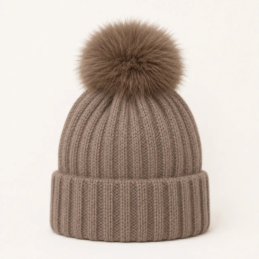 Wool Blend Ribbed Knit Pom Beanie
