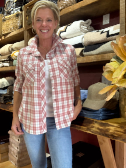 Over The Moon Flannel Shirt pink combo front