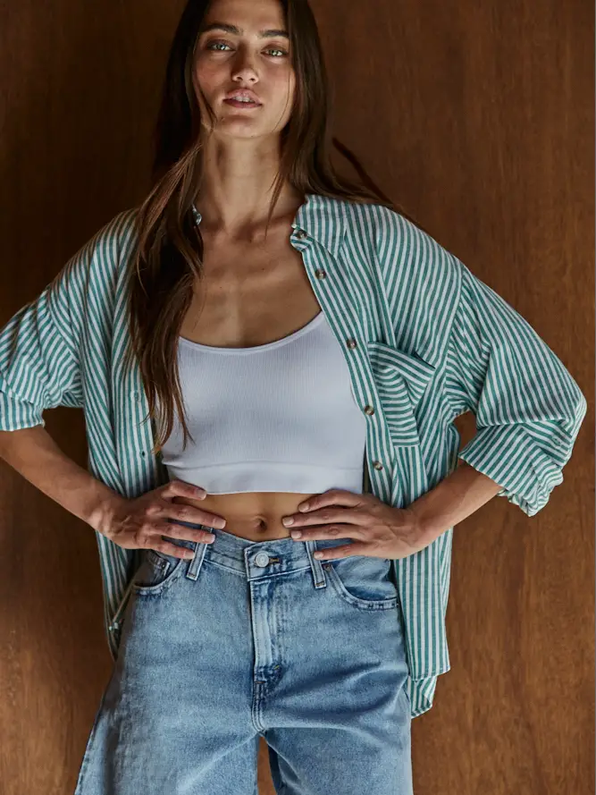 Whitney Woven Button Up Shirt, green-front