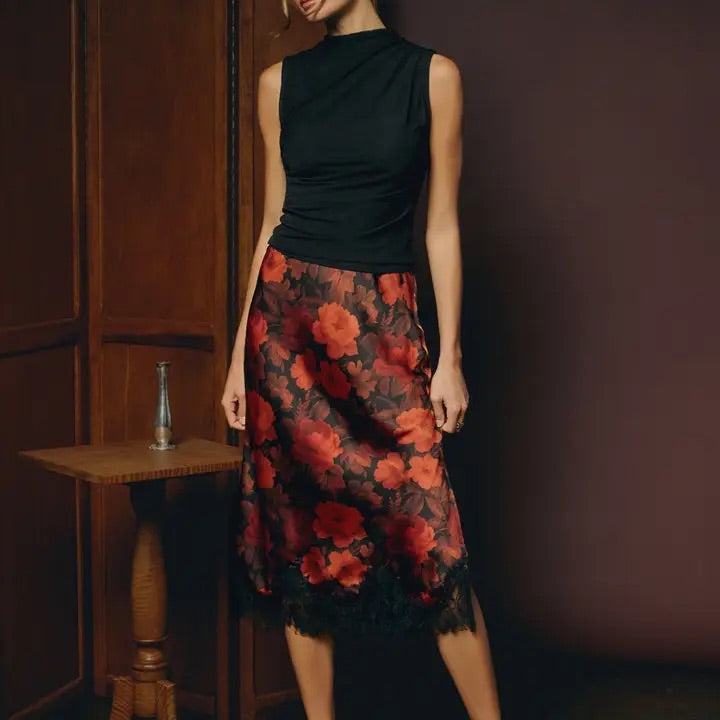 Fiona Satin Lace Hem Pencil Skirt