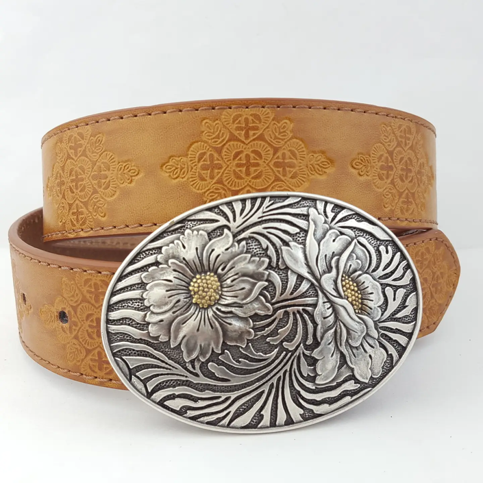 Western Sunflower Buckle with Vintage Floral Tooled Belt - Tan S/M
