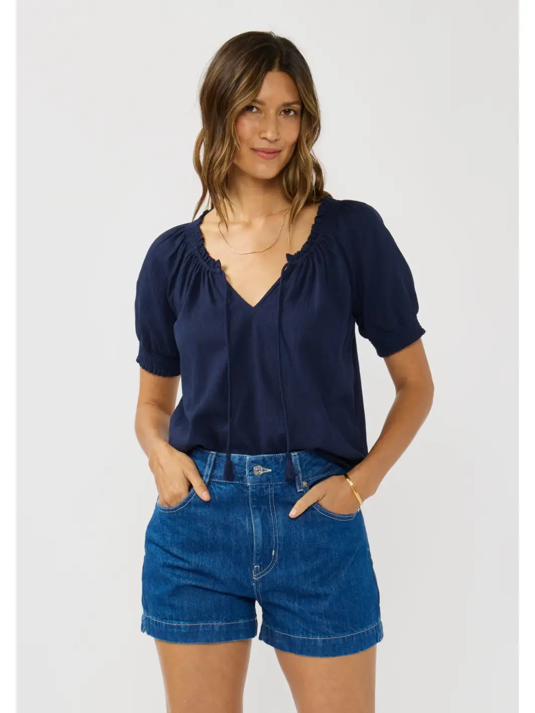 Smocked Cuff Split Neck Raglan Blouse