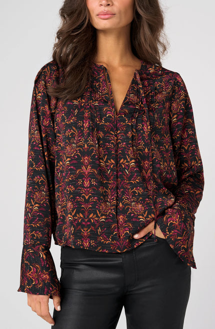 Alexandra Long Sleeve Band Collar Blouse, black/burgundy-front