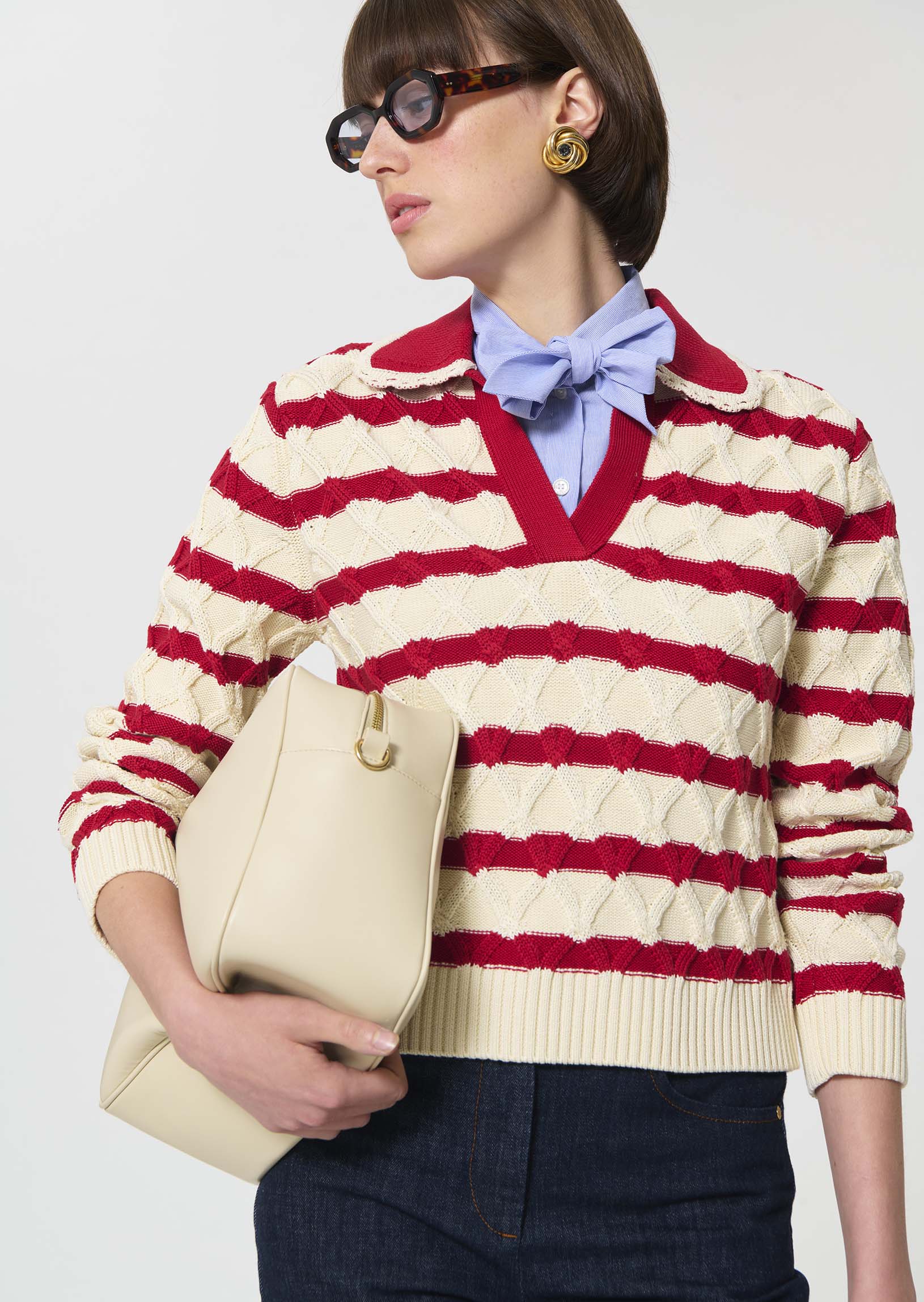Paolina sweater red striped cotton,cherry red stripe-front