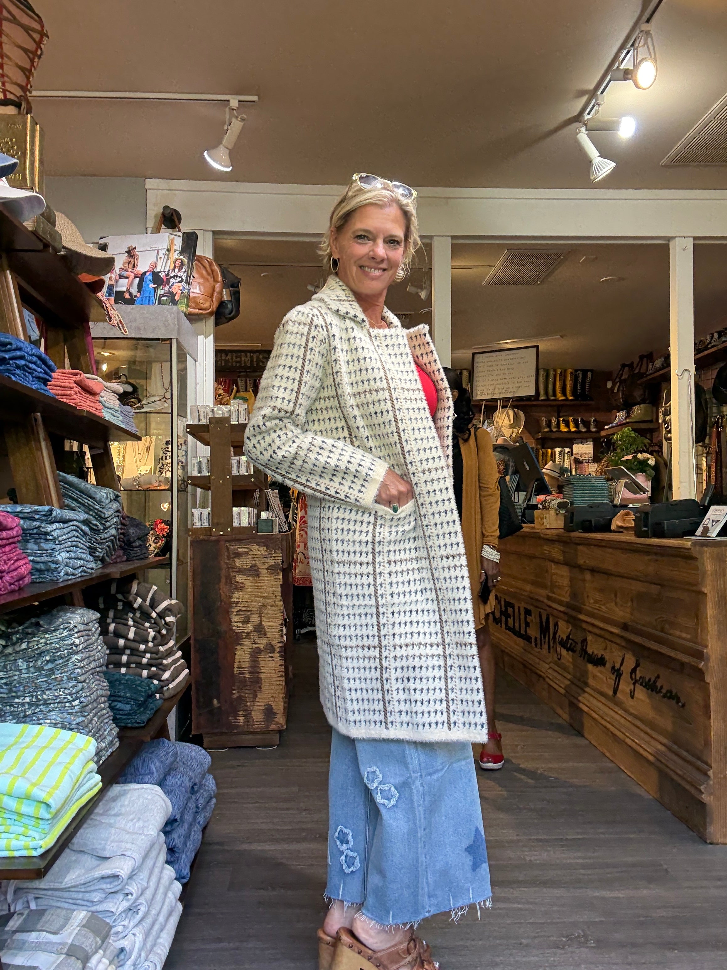 Marceau Houndstooth Coat, cream multi-side