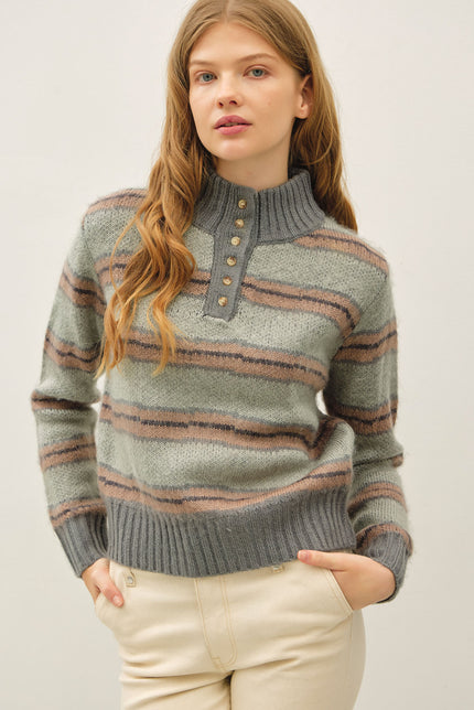 Wavy Stripe Botton Collar Brushed Sweater