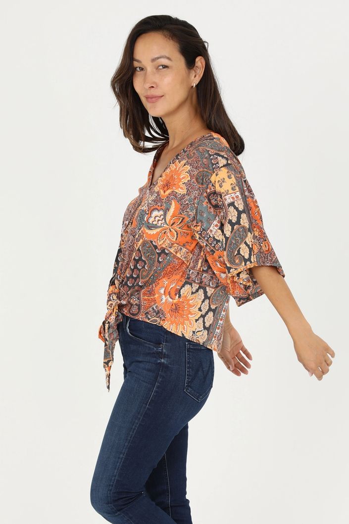 Floral Print Tie Front Top sunset side