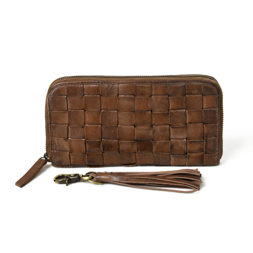 Cata Woven Zip Around Wallet front detail brown tassle