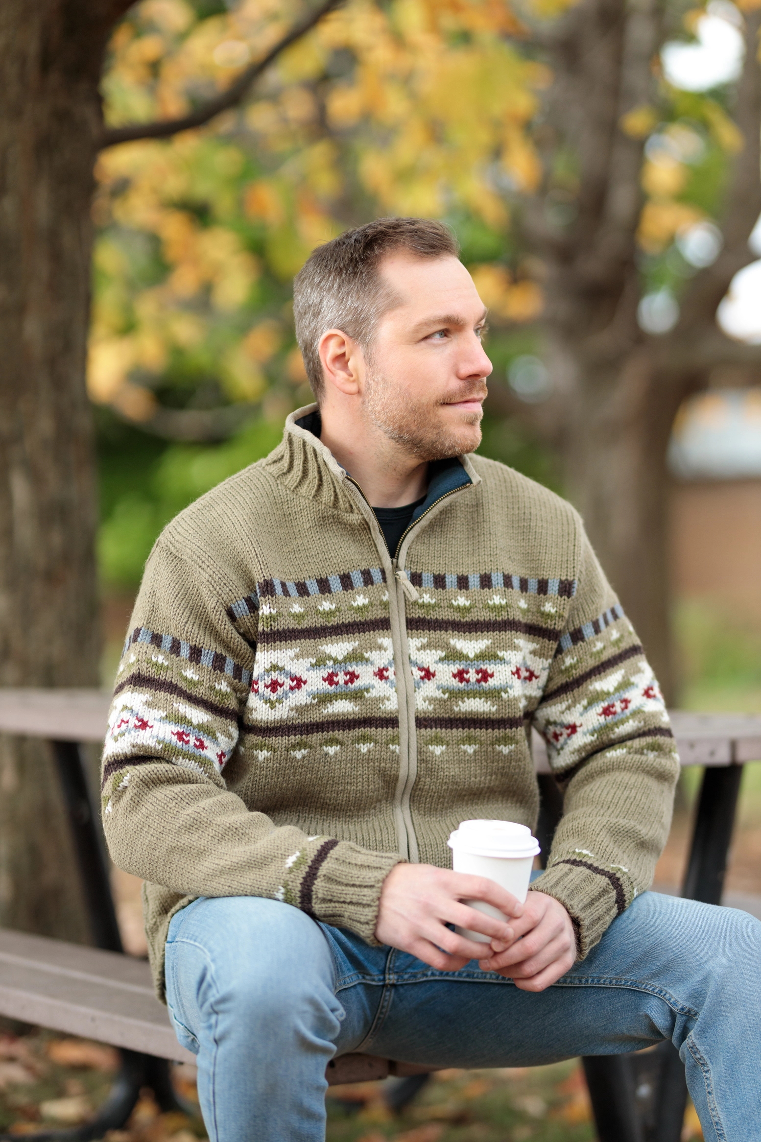 Austin Mens Western Knit Sweater taupe styled