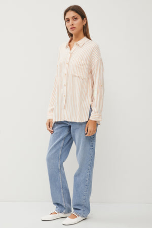 Krystal Striped Roll Up Sleeve Button Down Linen Shirt