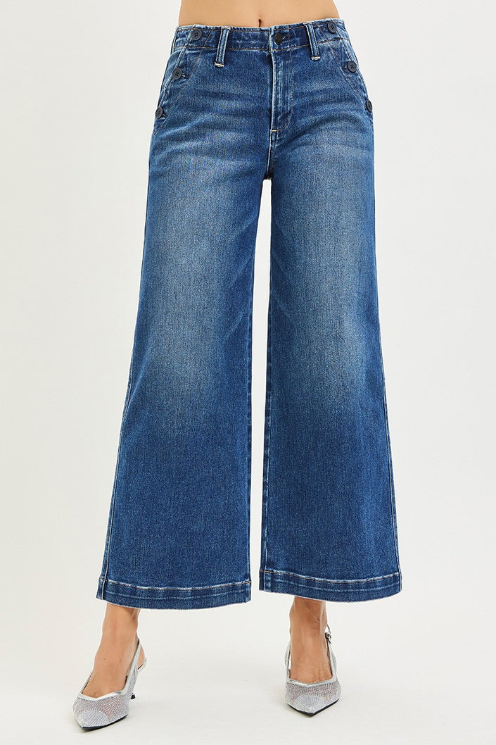 High Rise Wide Leg Pocket Button Detail - Stretchy, dark-front