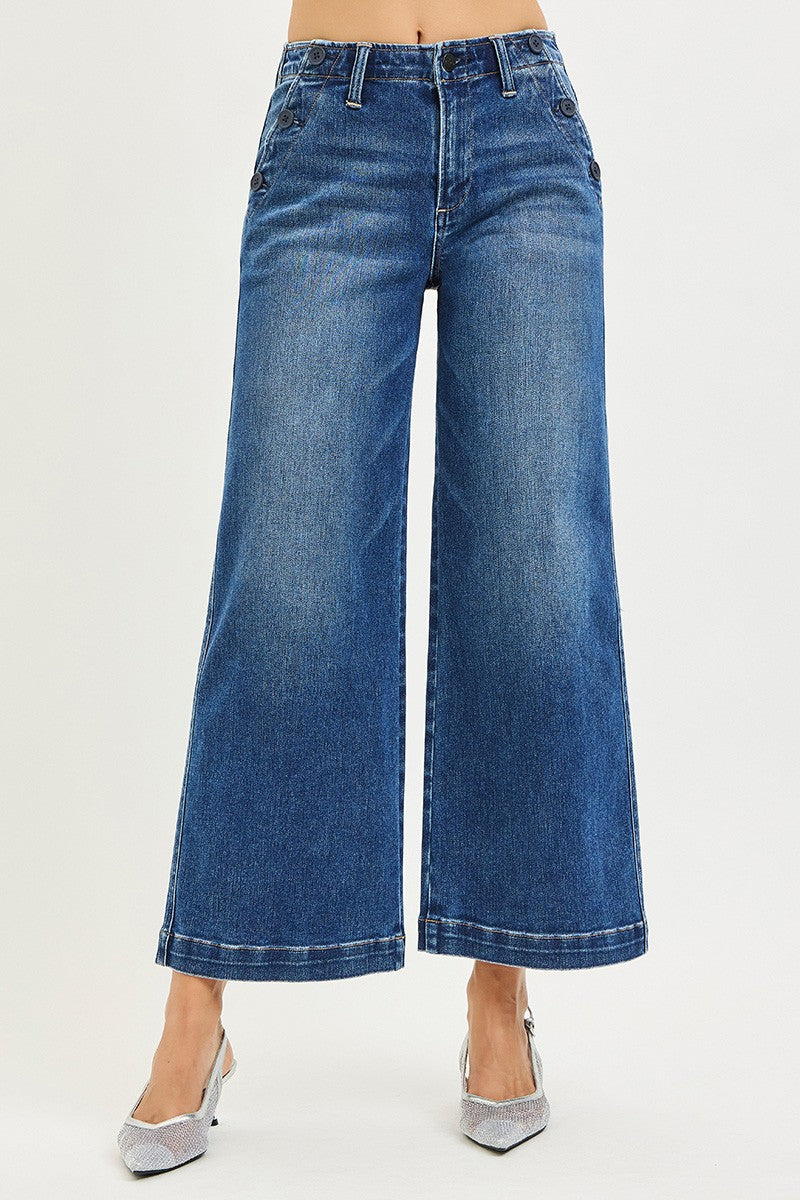High Rise Wide Leg Pocket Button Detail - Strechy