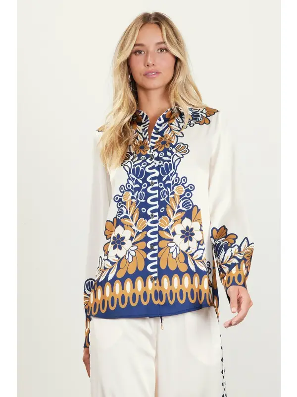 Printed Border LS Button Down Blouse