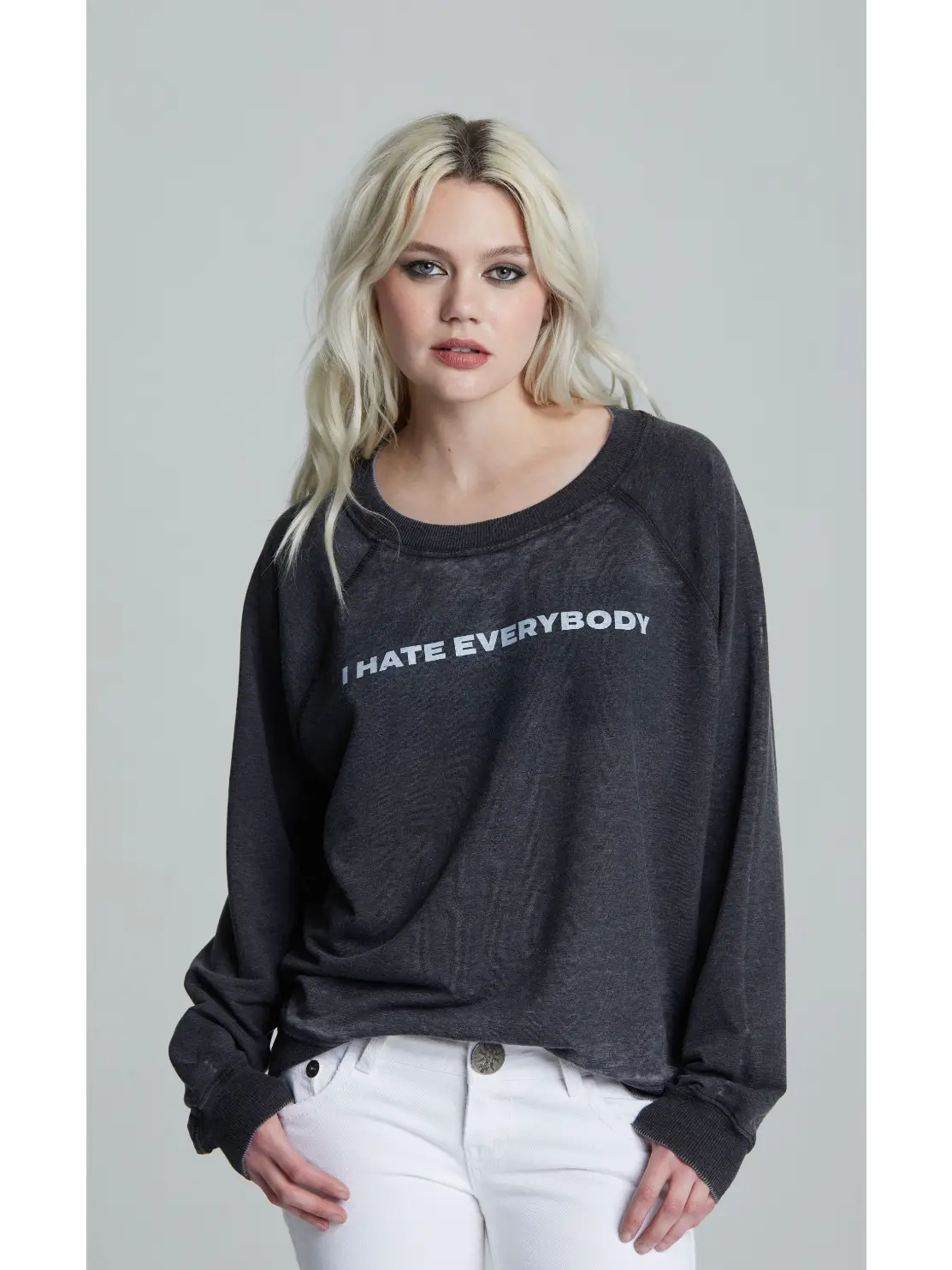 Recycled Karma I Hate Everybody Sweater | Black french tucked