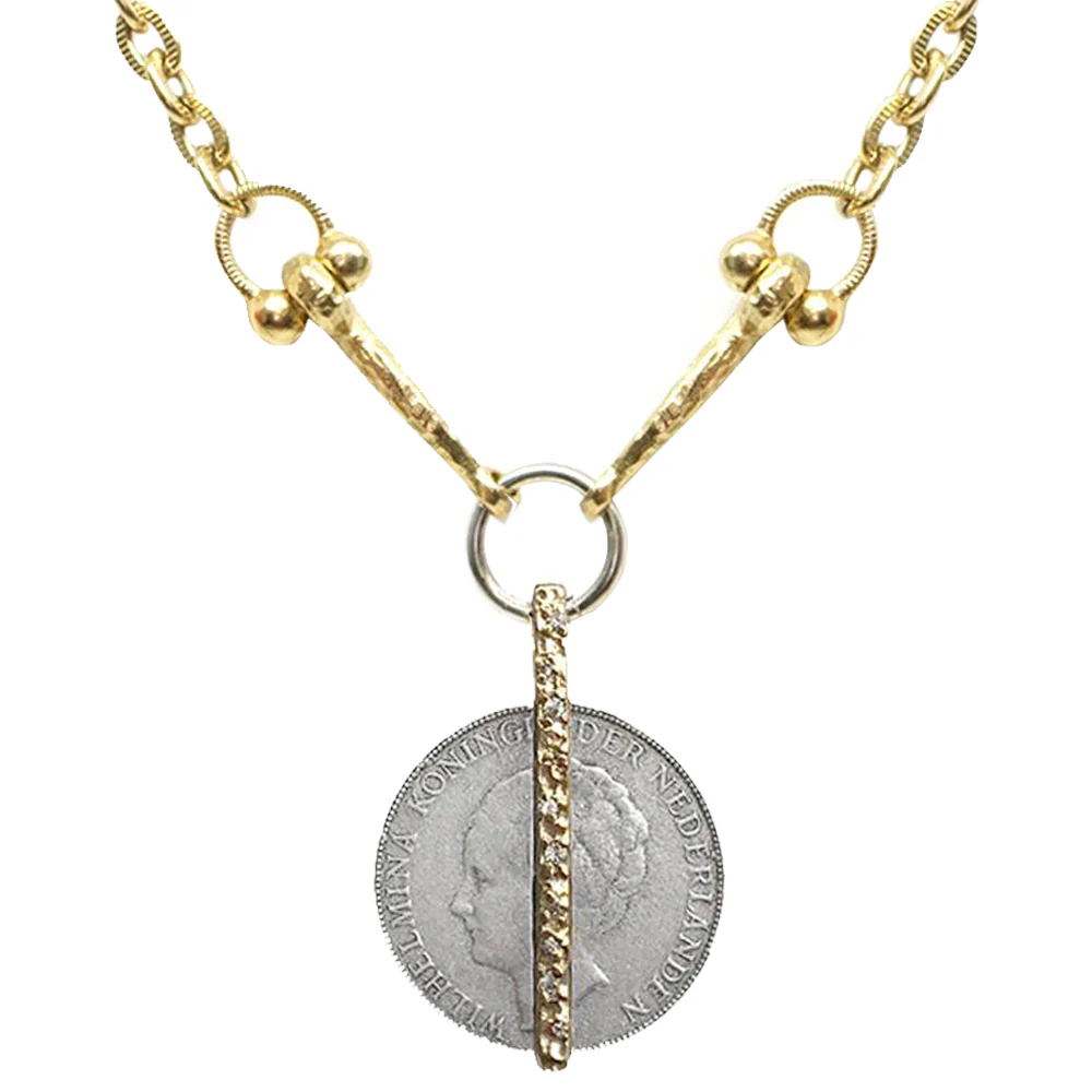 Gold Crystal Bar & Wilhelmina Coin Horsebit Necklace | 18-20