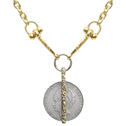 Gold Crystal Bar & Wilhelmina Coin Horsebit Necklace | 18-20