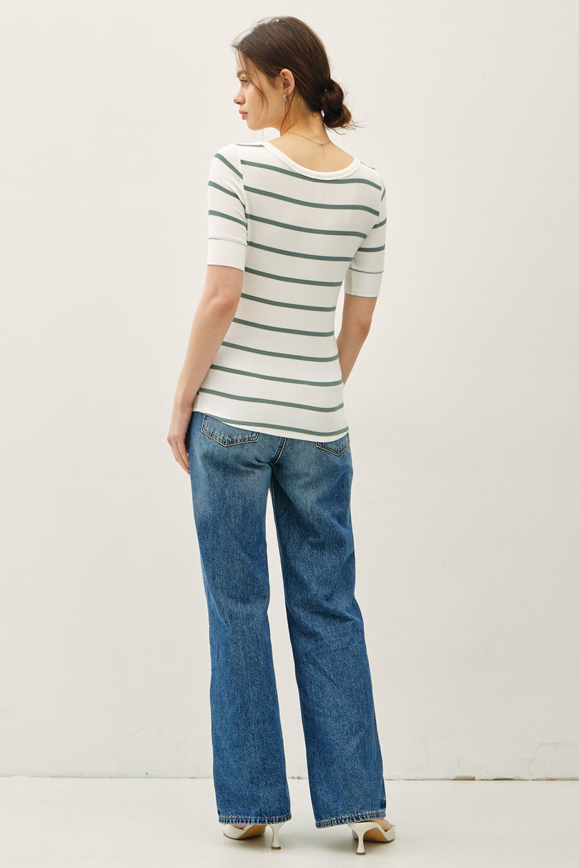 Classic Ribbed Striped Scoop Neck tee Spruce back