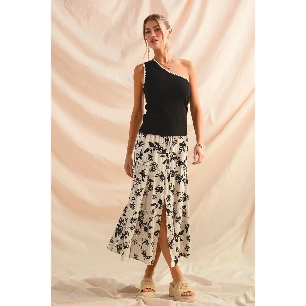 Floral Woven Print Front Slit Boho Skirt, Black/Ivory