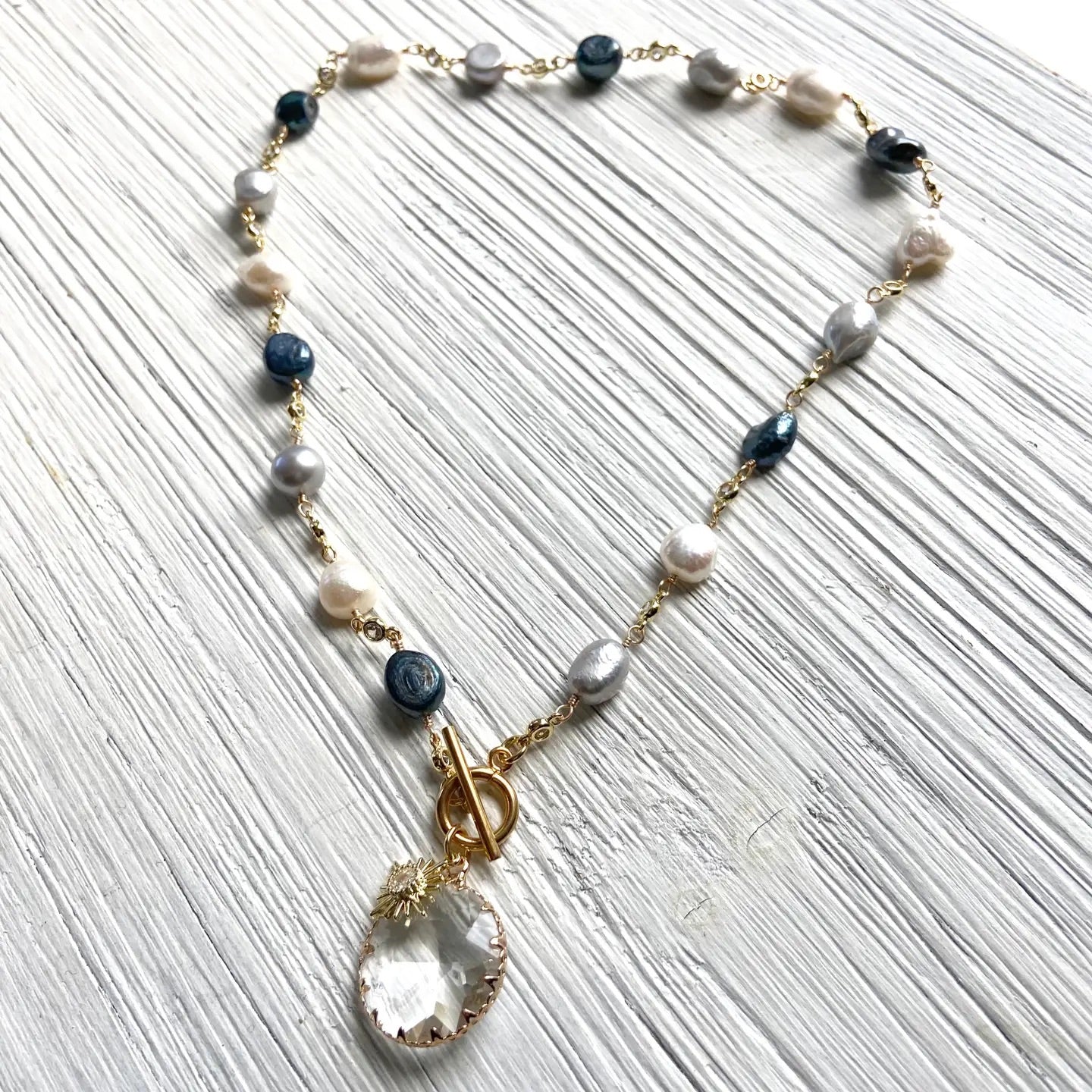Sunburst Charm Denim Mix Crystal Necklace 17