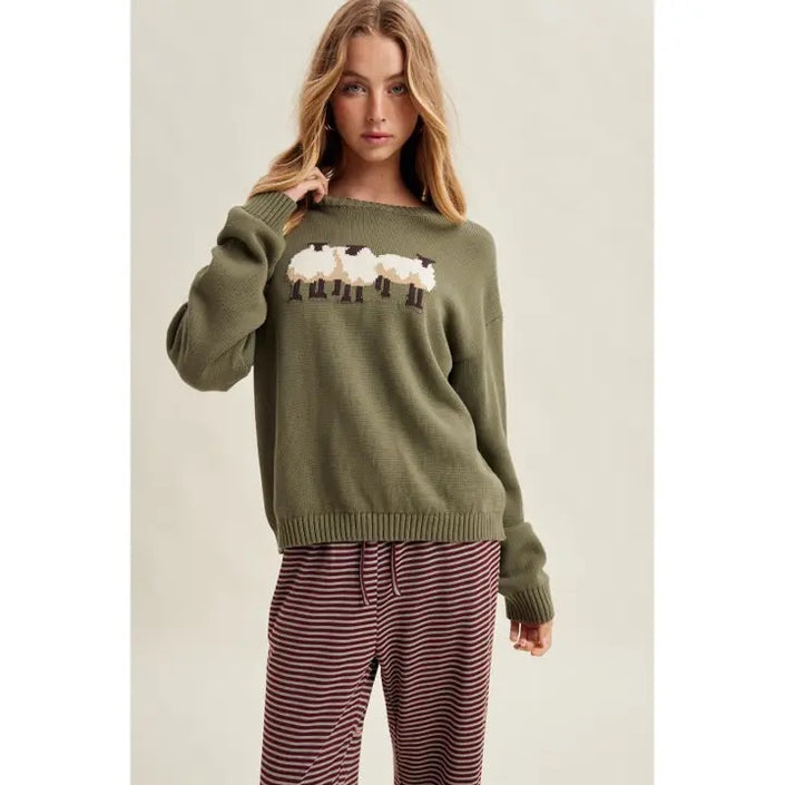 Sheep Trio Graphic Crew Neck Sweater, olive-front