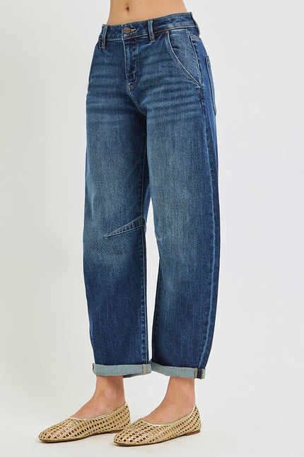 Slouchy Crop Barrel Cuffed Jeans-Stretchy
