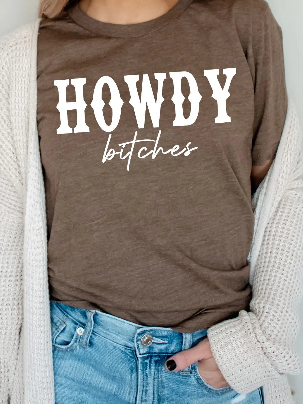 Howdy Bitches Graphic Tee heather brown front