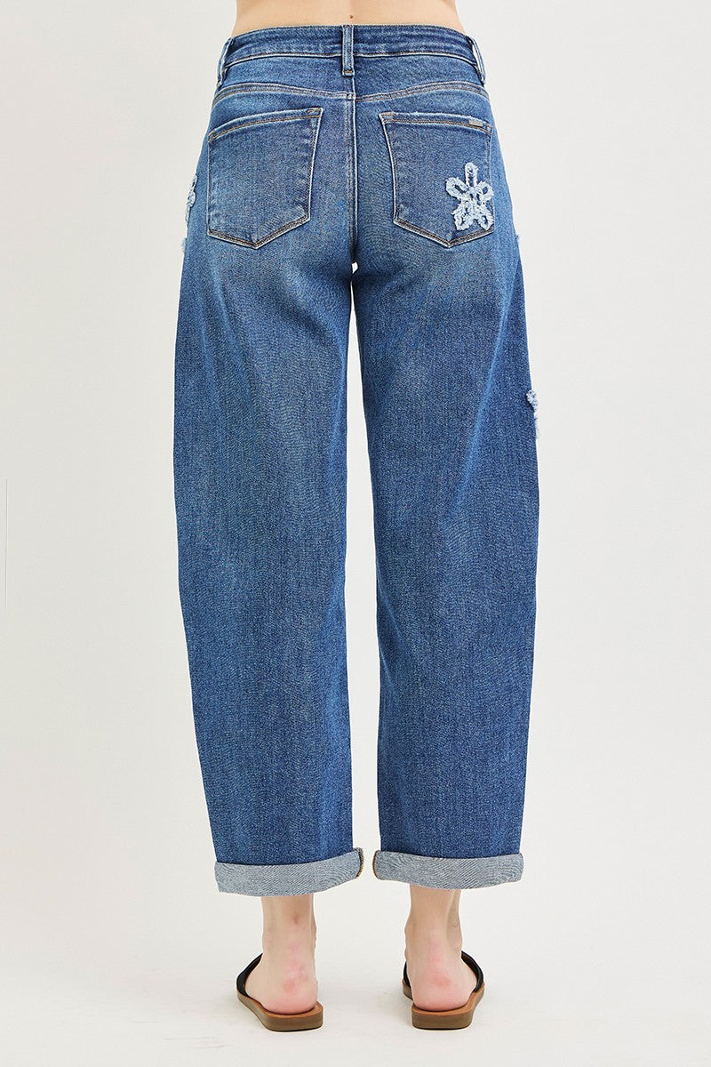 Oregon Flower Slouchy Crop Barrel Jeans dark wash-back