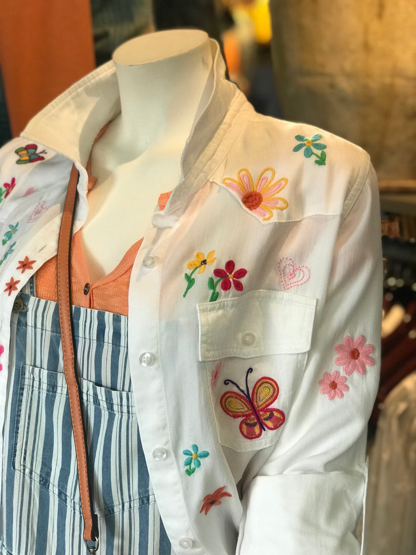 Kelly Sketchbook Star Butterfly & Floral Embroidery - white front left pocket details