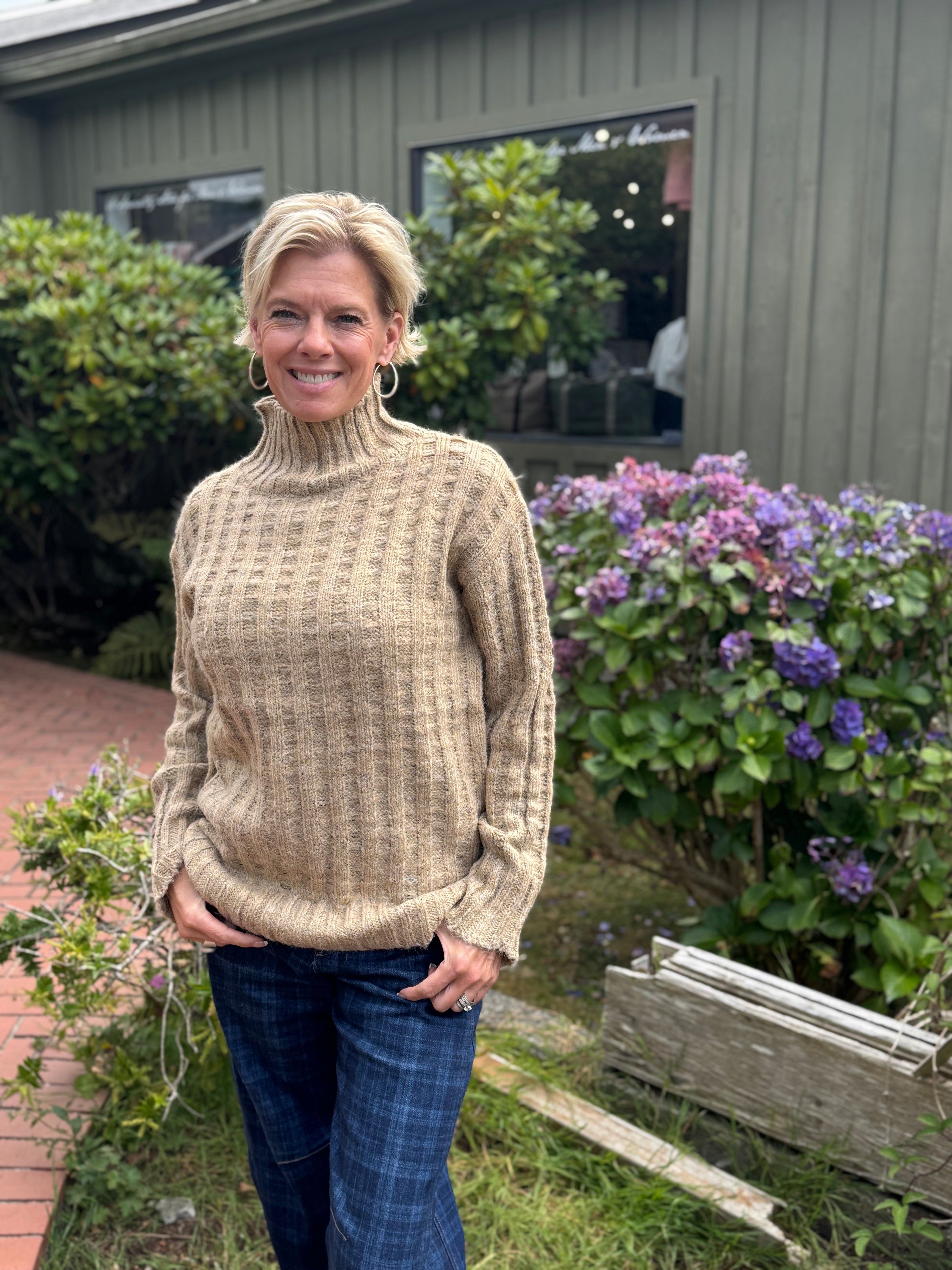 The Sophia Waffle Weave Sweater, latte-front