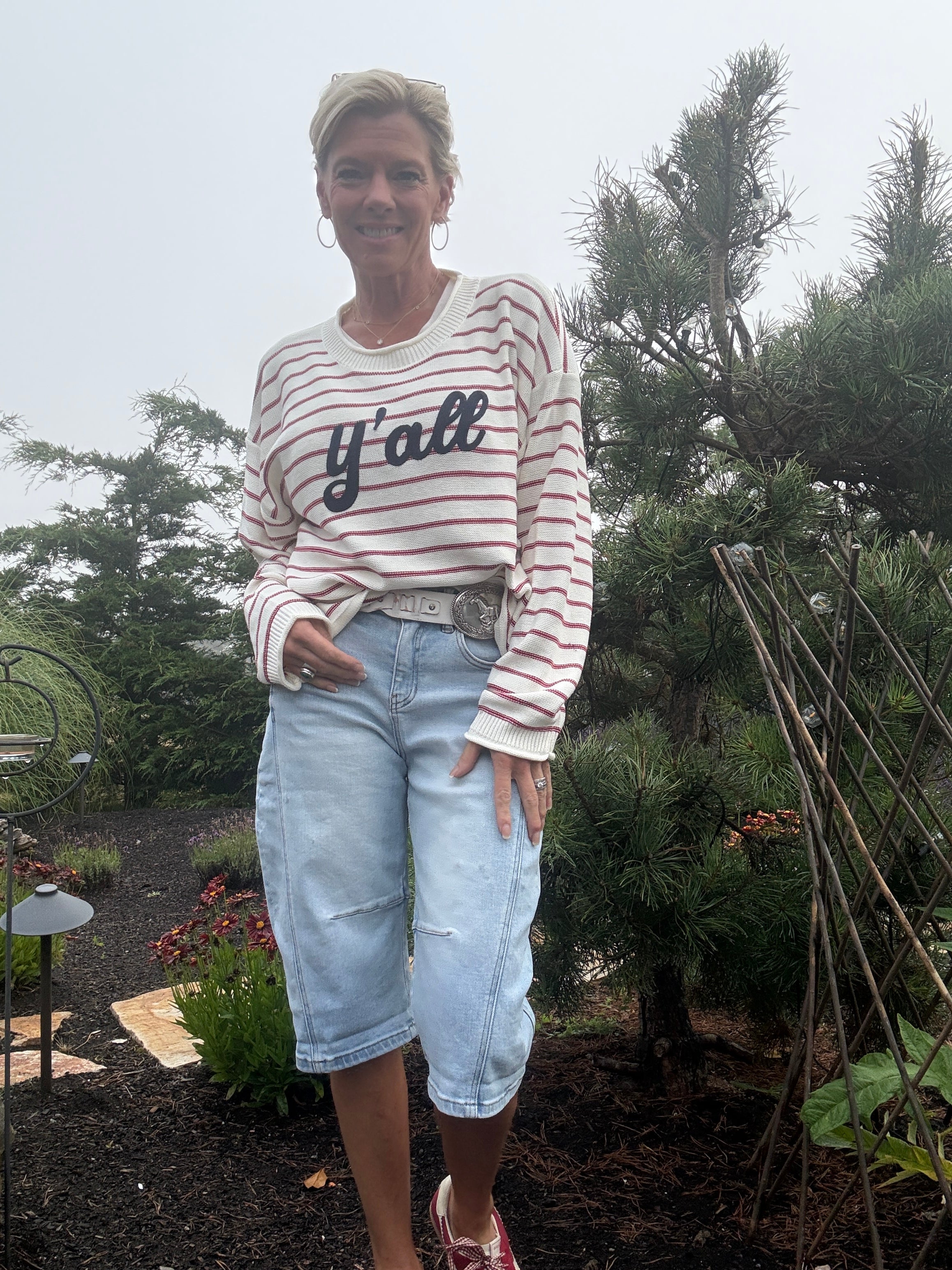 Round Neck LS Y'all Chainstitch Stripe Sweater
