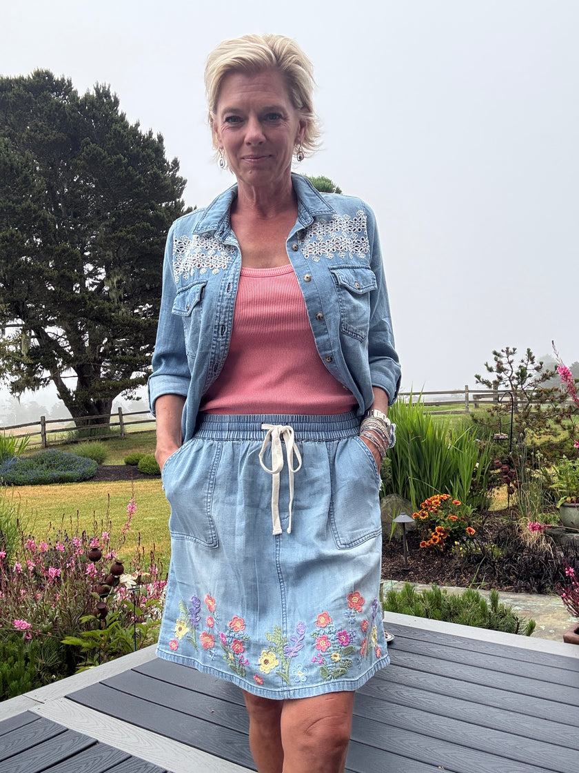 Floral Chain Tied Skirt Pure Denim