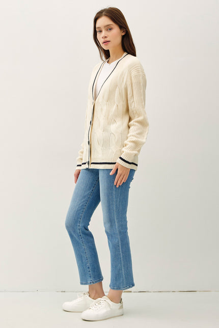 VARSITY STYLE CABLE KNIT BUTTON UP CARDIGAN