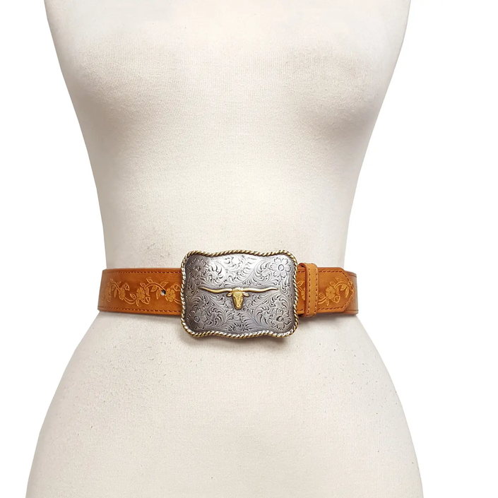 Popular Long Horn Buckle with Vintage Floral Tooled Belt