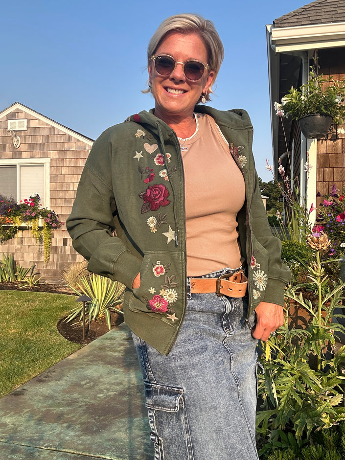 Camp Happy Hoodie green unzipped front