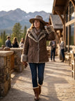 Fashion Poly Suede Jacket w Faux Fur, brown-front