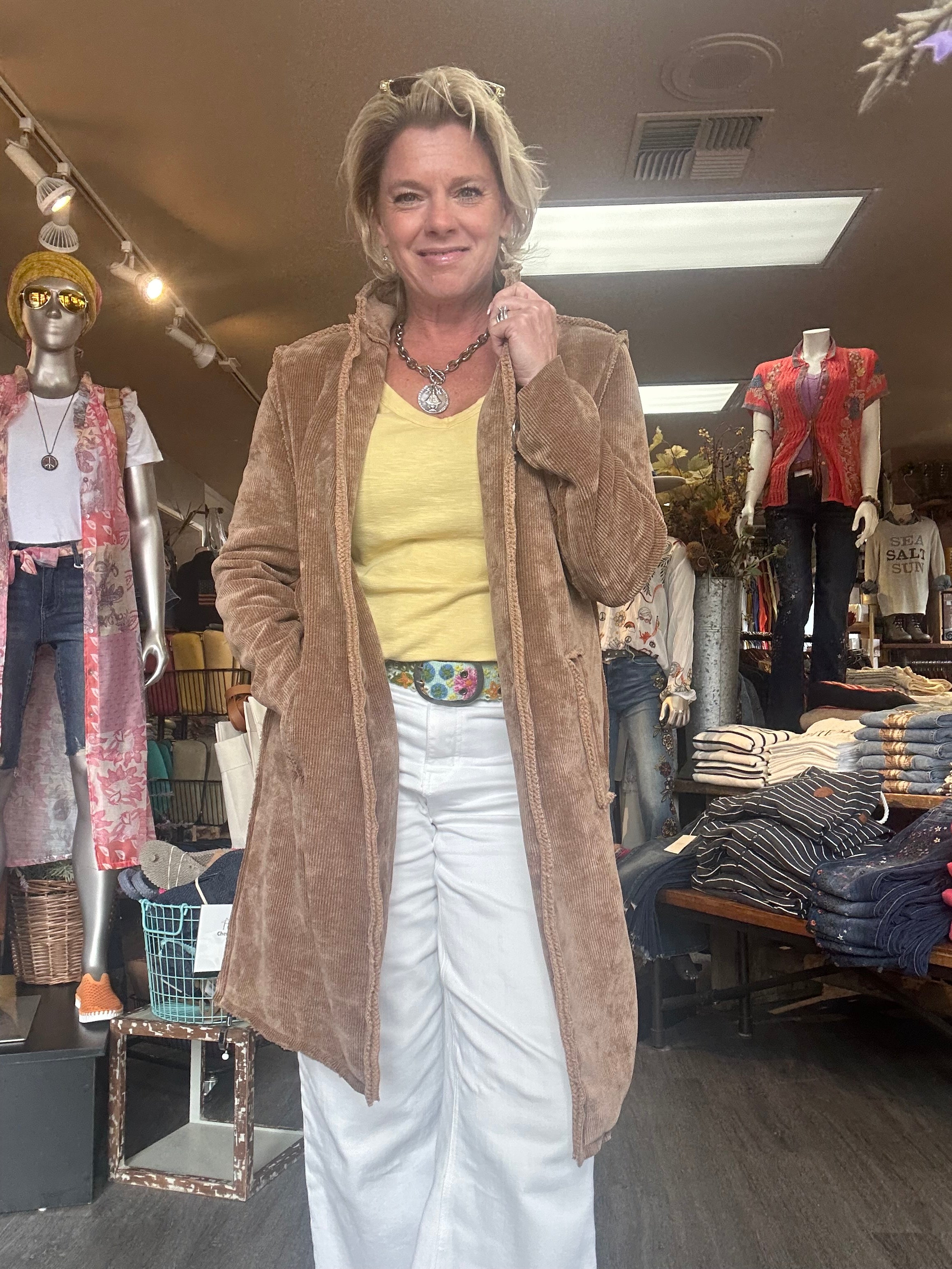 Holly Cozy Cord Mid Length Coat camel front