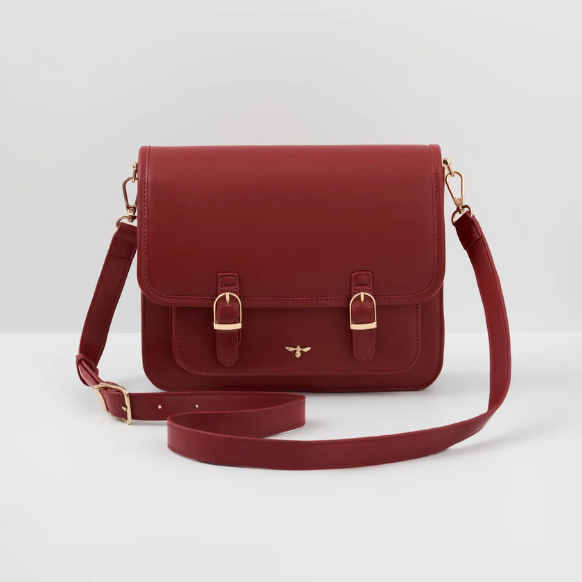 Wonderland Satchel Red front with strap